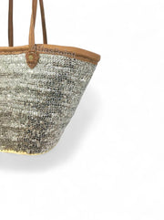 Handmade Silver Sequin Straw Basket with Leather Handles – Glam Moroccan Tote for Beach, Market & Everyday Use