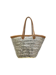Handmade Silver Sequin Straw Basket with Leather Handles – Glam Moroccan Tote for Beach, Market & Everyday Use