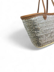 Handmade Silver Sequin Straw Basket with Leather Handles – Glam Moroccan Tote for Beach, Market & Everyday Use