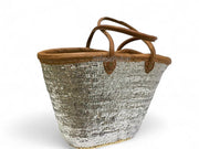 Handmade Silver Sequin Straw Basket with Leather Handles – Glam Moroccan Tote for Beach, Market & Everyday Use