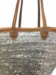 Handmade Silver Sequin Straw Basket with Leather Handles – Glam Moroccan Tote for Beach, Market & Everyday Use