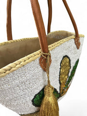 Handmade Sequin Leaf Straw Basket with Leather Handles – Boho Chic Tote for Summer, Market & Beach