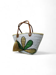 Handmade Sequin Leaf Straw Basket with Leather Handles – Boho Chic Tote for Summer, Market & Beach