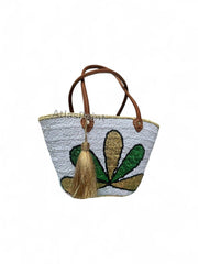 Handmade Sequin Leaf Straw Basket with Leather Handles – Boho Chic Tote for Summer, Market & Beach