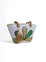 Handmade Sequin Leaf Straw Basket with Leather Handles – Boho Chic Tote for Summer, Market & Beach