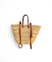 Handwoven Straw Backpack Basket with Leather Straps – Handmade in Morocco