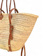 Handwoven Straw Backpack Basket with Leather Straps – Handmade in Morocco