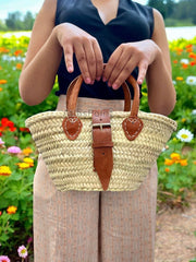 Handwoven Moroccan Straw Basket Bag with Leather Handles & Buckle – Artisan Made