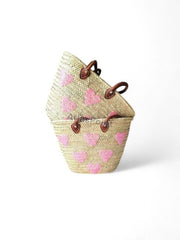Handmade Moroccan Basket with Pink & Red Hearts – Eco-Friendly with Leather Handles