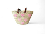 Handmade Moroccan Basket with Pink & Red Hearts – Eco-Friendly with Leather Handles