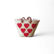 Handmade Moroccan Basket with Pink & Red Hearts – Eco-Friendly with Leather Handles