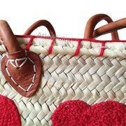 Handmade Moroccan Basket with Pink & Red Hearts – Eco-Friendly with Leather Handles