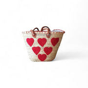 Handmade Moroccan Basket with Pink & Red Hearts – Eco-Friendly with Leather Handles