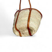 Handmade Moroccan Straw Basket with Long Leather Straps – Eco-Friendly Market Tote