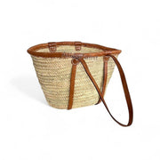 Handmade Moroccan Straw Basket with Long Leather Straps – Eco-Friendly Market Tote