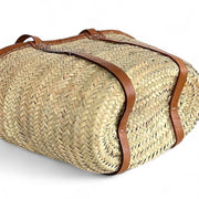 Handmade Moroccan Straw Basket with Long Leather Straps – Eco-Friendly Market Tote