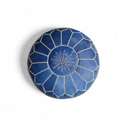 Handmade Embroidered Pouf – Navy Blue Leather Ottoman – Handcrafted Boho Floor Cushion