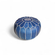 Handmade Embroidered Pouf – Navy Blue Leather Ottoman – Handcrafted Boho Floor Cushion