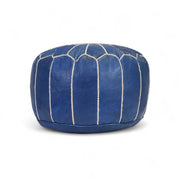 Handmade Embroidered Pouf – Navy Blue Leather Ottoman – Handcrafted Boho Floor Cushion