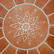 Moroccan Embroidered Pouf – Brown Leather Ottoman – Handcrafted Boho Floor Cushion