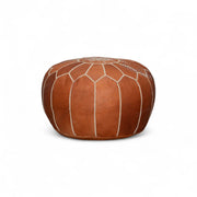 Moroccan Embroidered Pouf – Brown Leather Ottoman – Handcrafted Boho Floor Cushion